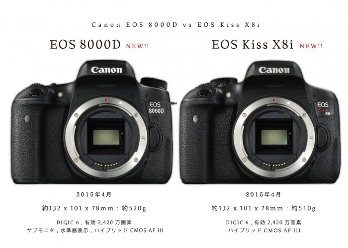 キヤノン EOS 8000D vs Kiss X8i vs Kiss X7i 比較。Canon APS-C新初級