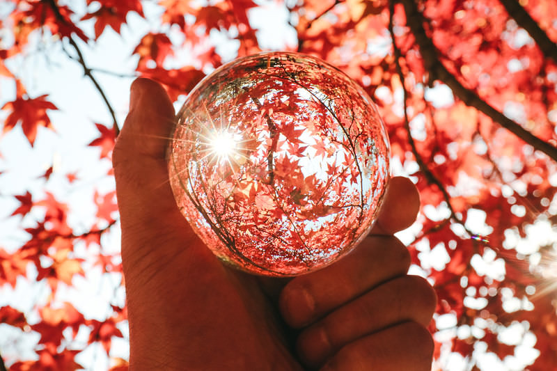'水晶球から見る赤く染まった紅葉と光芒'