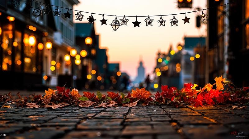 星型ガーランドと紅葉の落ち葉が散らばる石畳の夕暮れ街並み