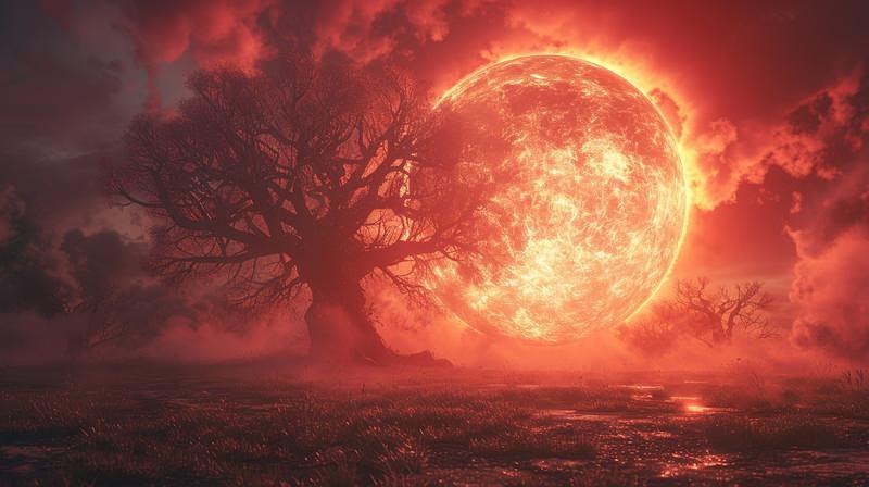 '焦熱の太陽が照らす世紀末の荒野と焼け焦げた巨木'