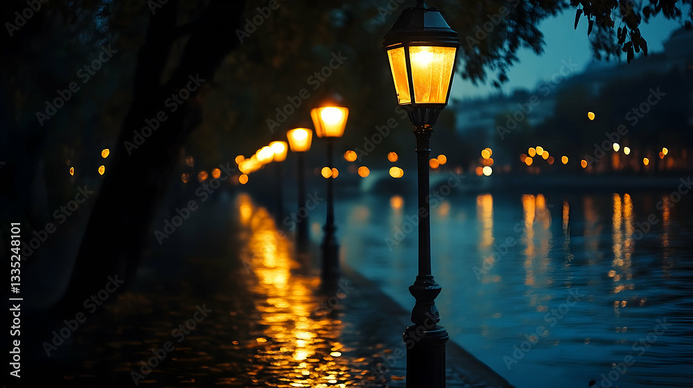 Street Lamps Along a Riverbank
