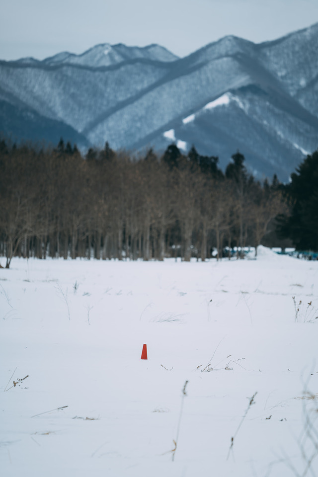 '福島県郡山市の雪原に立つ赤いカラーコーン'