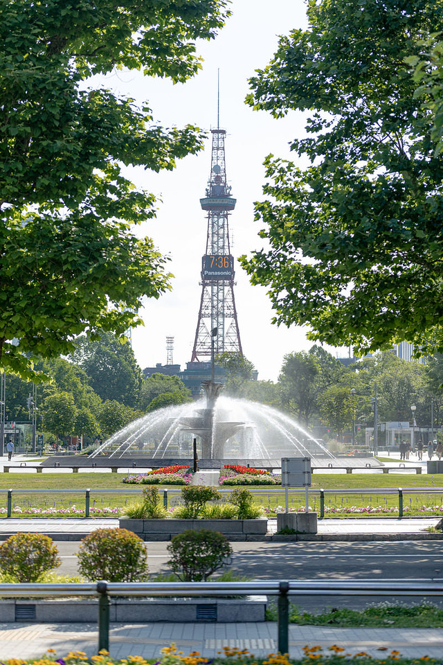 大通公園の噴水とさっぽろテレビ塔を望む札幌の風景