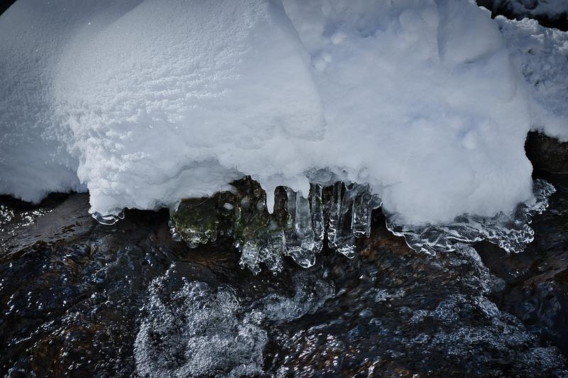 雪と氷柱の下を流れる渓流
