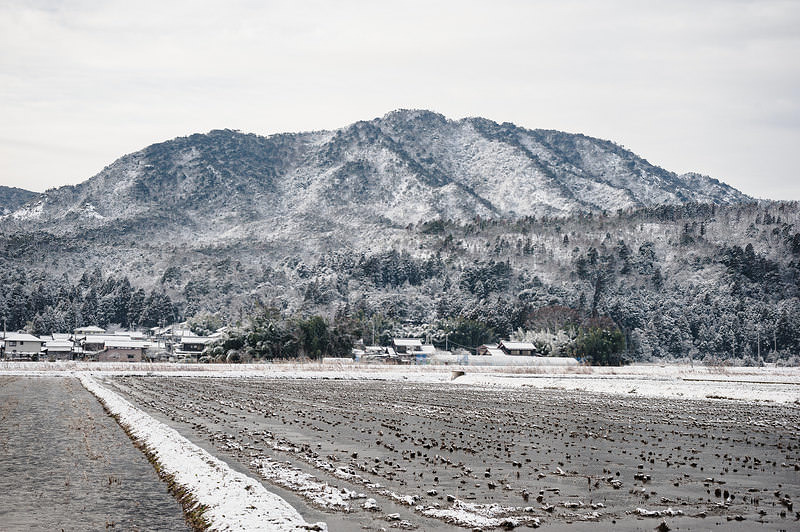 雪化粧した田んぼと山々が連なる滋賀県高島市の冬景色
