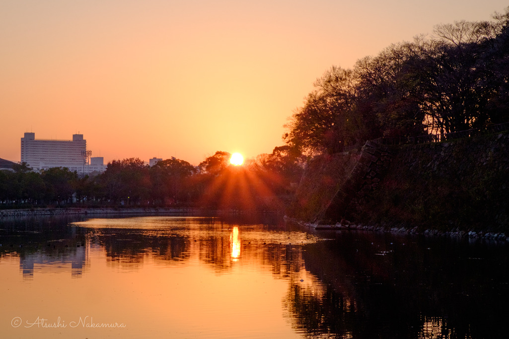 大阪城のお堀からの朝陽