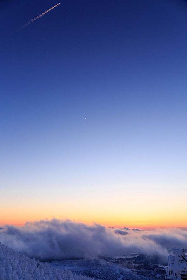 '冬の蔵王夕暮れと樹氷の夜景'