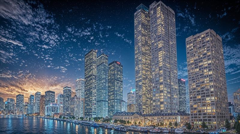 '夕暮れの都市部高層ビル群'