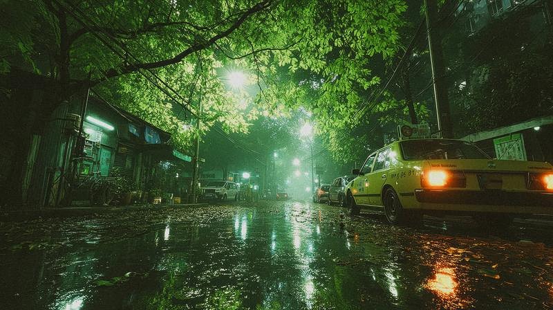 '雨上がりの静かな夜道に灯るタクシーのテールランプ'