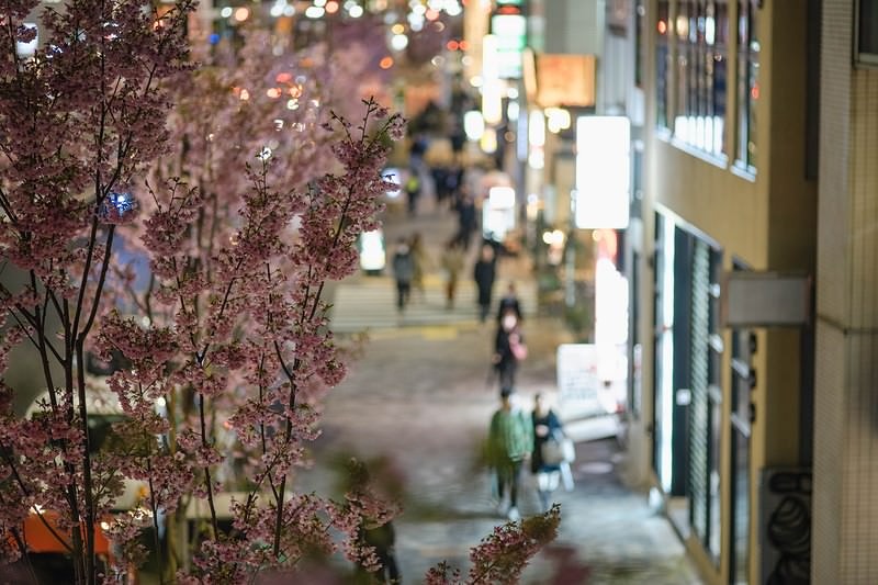 'はなきんの繁華街の街並み 夜間の歩道と人混みの都市風景'