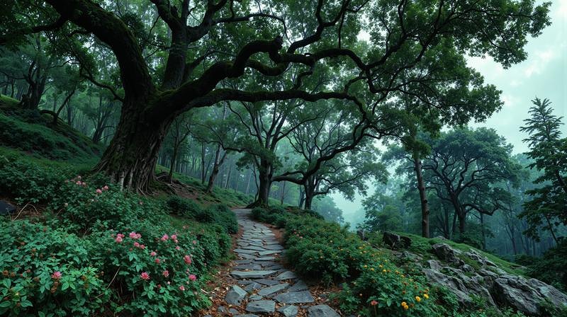 '緑豊かな山道の石段と古木'
