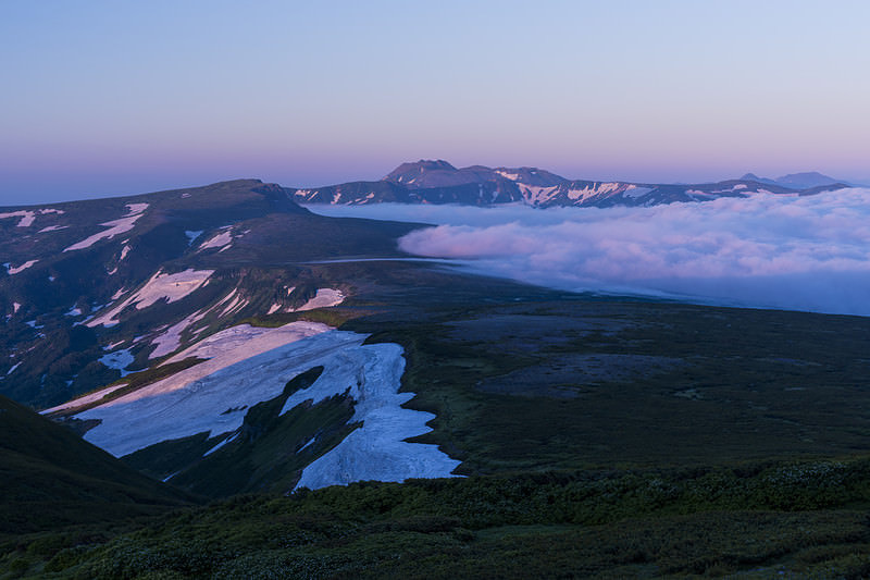朝焼けで紫に染まる空と雲海と高根ヶ原とトムラウシ山