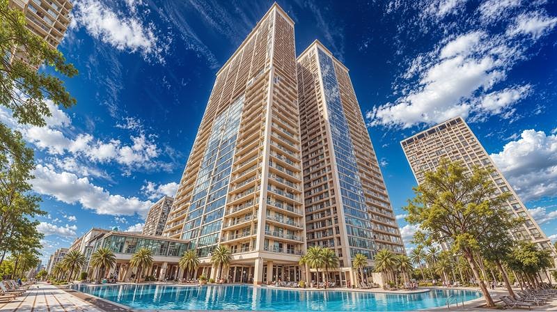 '青空の下でそびえ立つ高層タワーマンション'